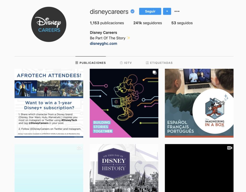 Cuenta de empleo de Disney en Instagram. La utiliza para generar una comunidad de talento y aumentar el número de candidatos en sus ofertas de empleo. 
