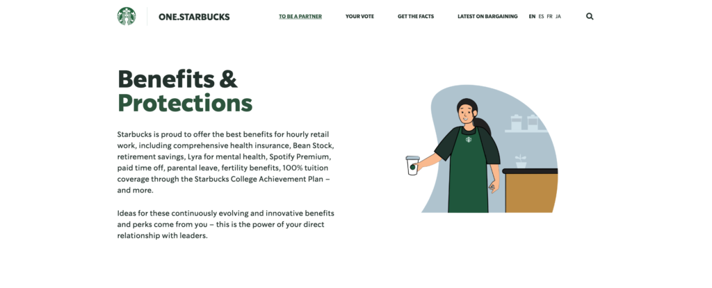 Página de Empleo de Sturbucks para comunicar su marca empleadora