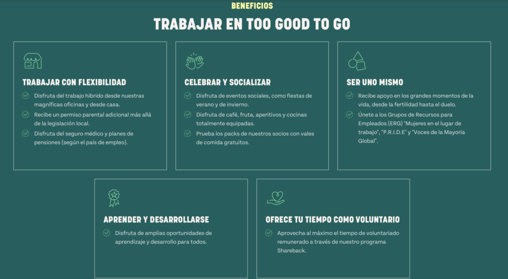 Imagen que comparte los beneficios de trabajar en too good to go. Estos factores son parte de su oferta de empleo.