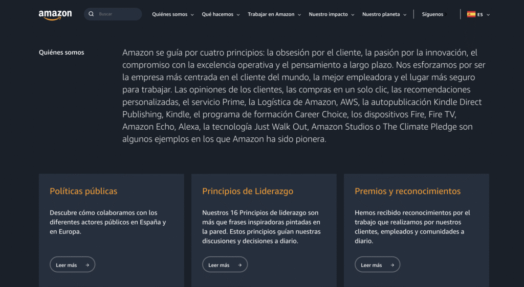 Página de cultura de empresa en amazon
